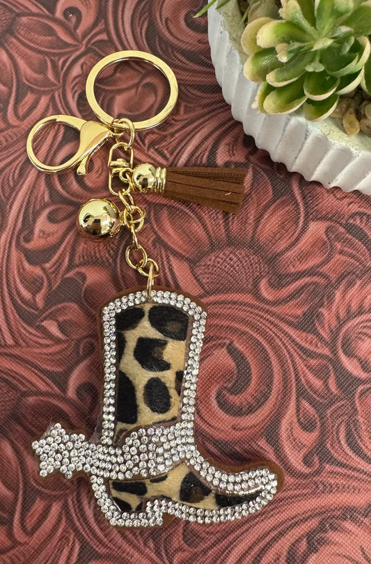 Rhinestone Leopard Boot Keychain