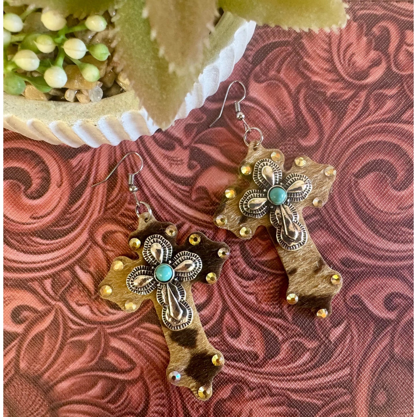 Hair Hide Turquoise Cross Earrings