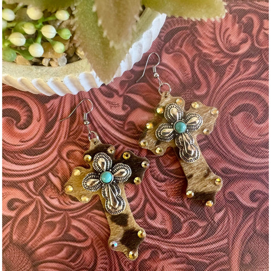 Hair Hide Turquoise Cross Earrings