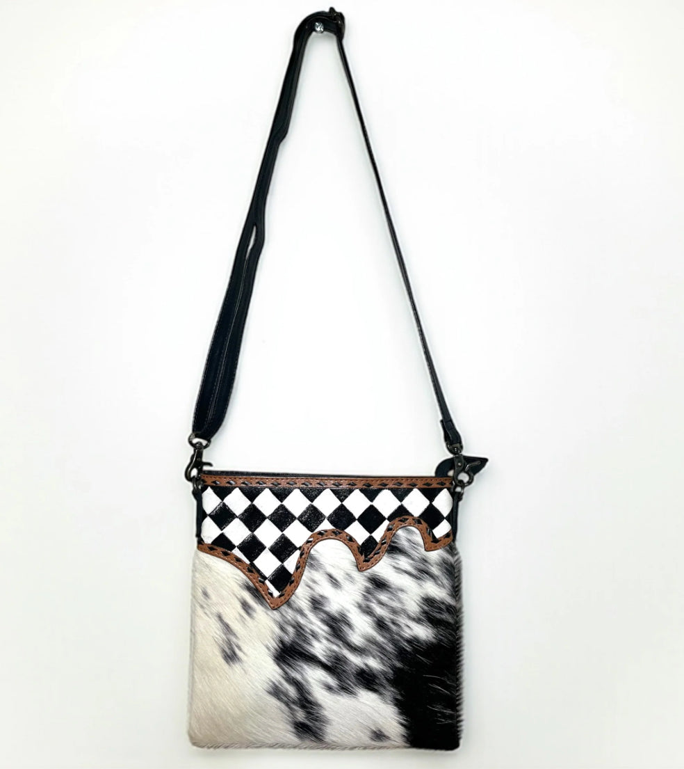 Checker Tooled & Cowhide Crossbody Bag