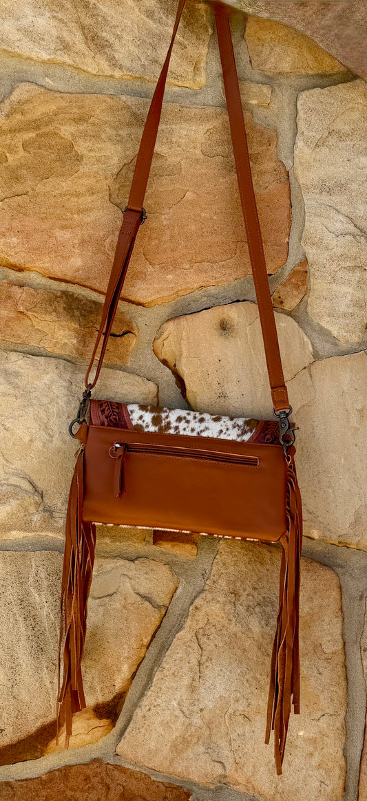 Brown Leather Cowhide Fringe Crossbody