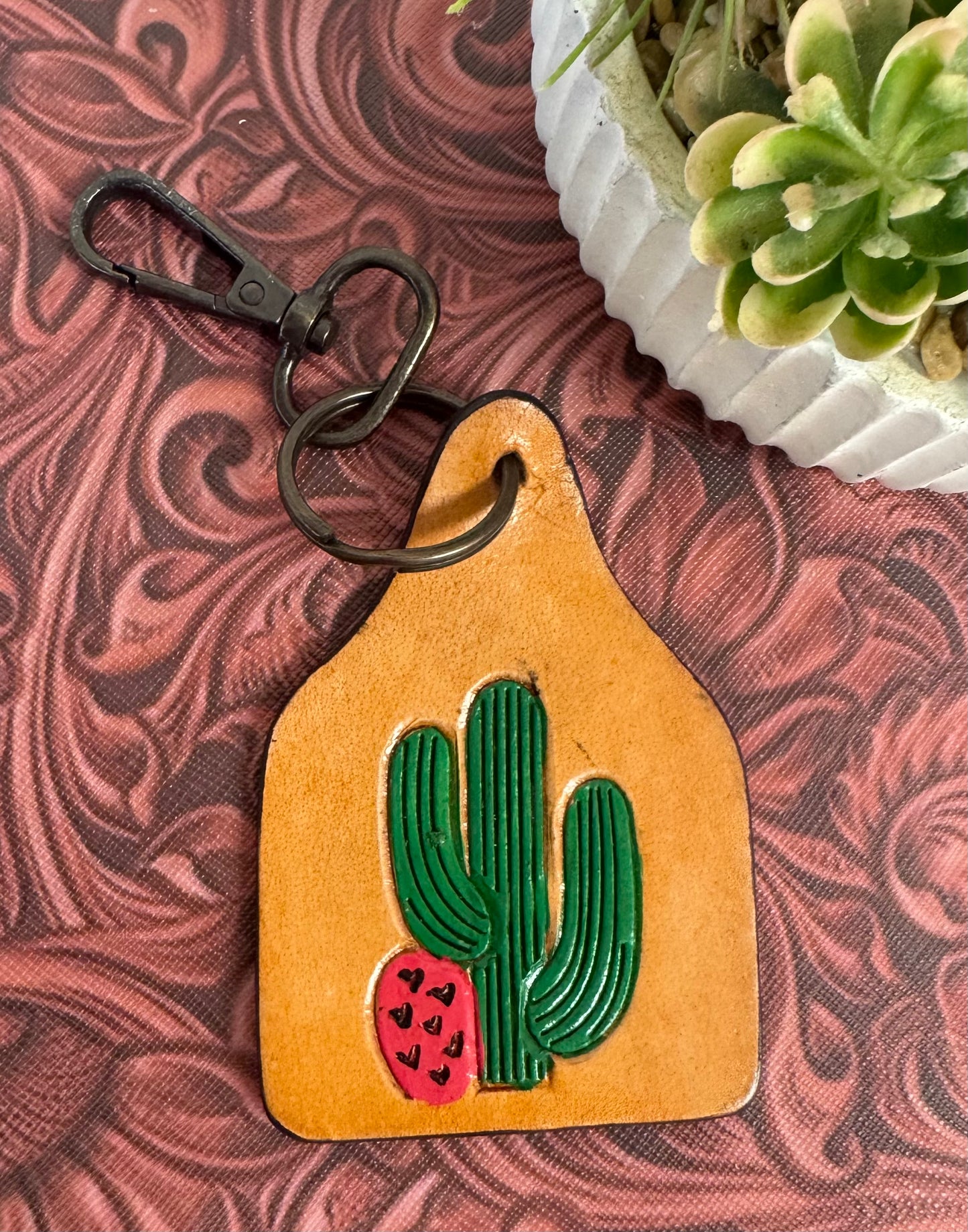 Cactus Leather Ear Tag Keychain