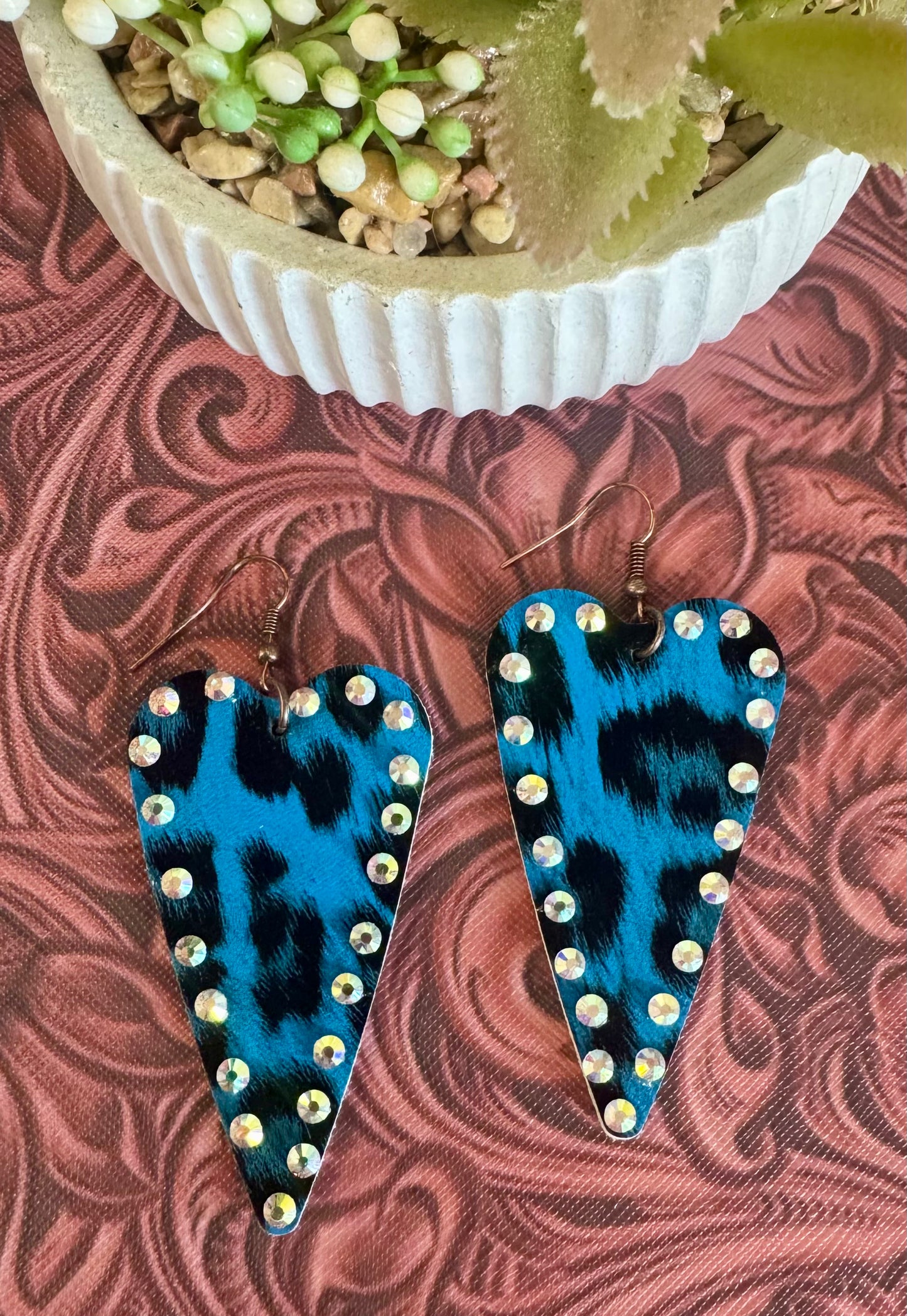 Blue Rhinestone Leopard Heart Earrings
