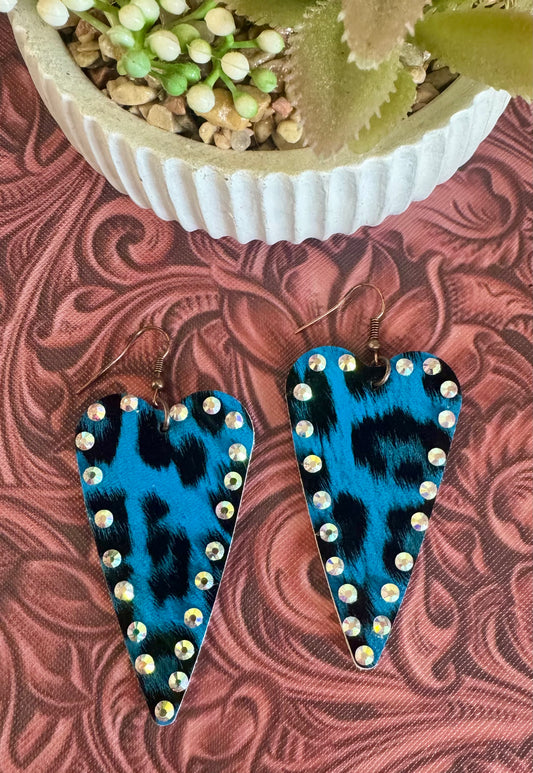 Blue Rhinestone Leopard Heart Earrings