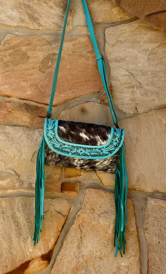 Turquoise Leather Cowhide Fringe Crossbody
