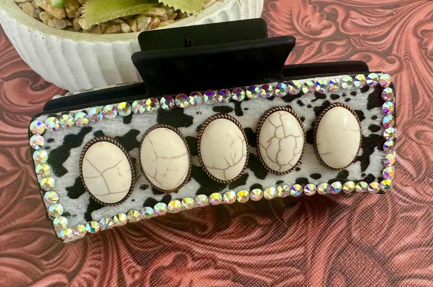 Ivory Cowhide Rhinestone Hair Clip