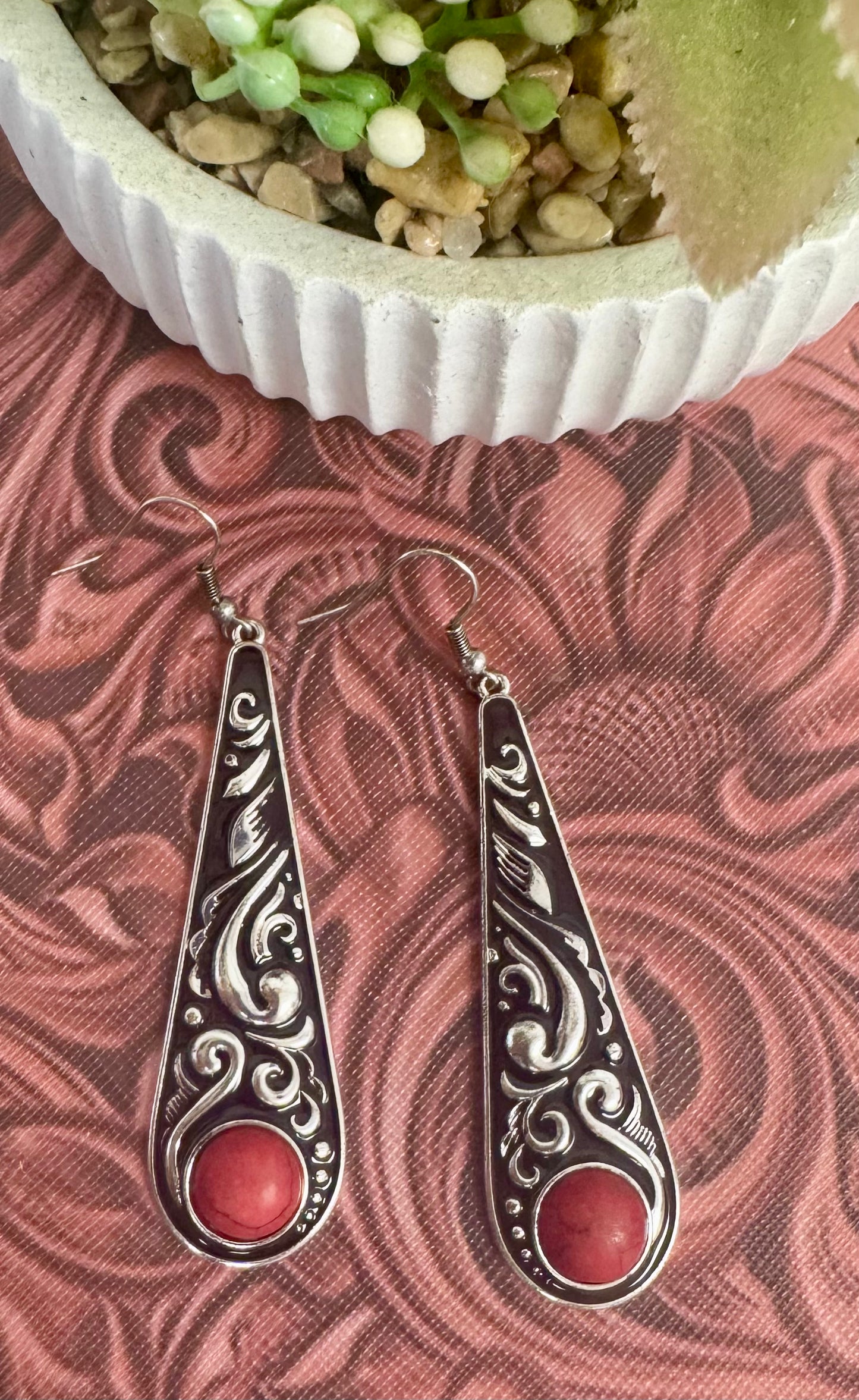 Red Silver Dangle Earrings