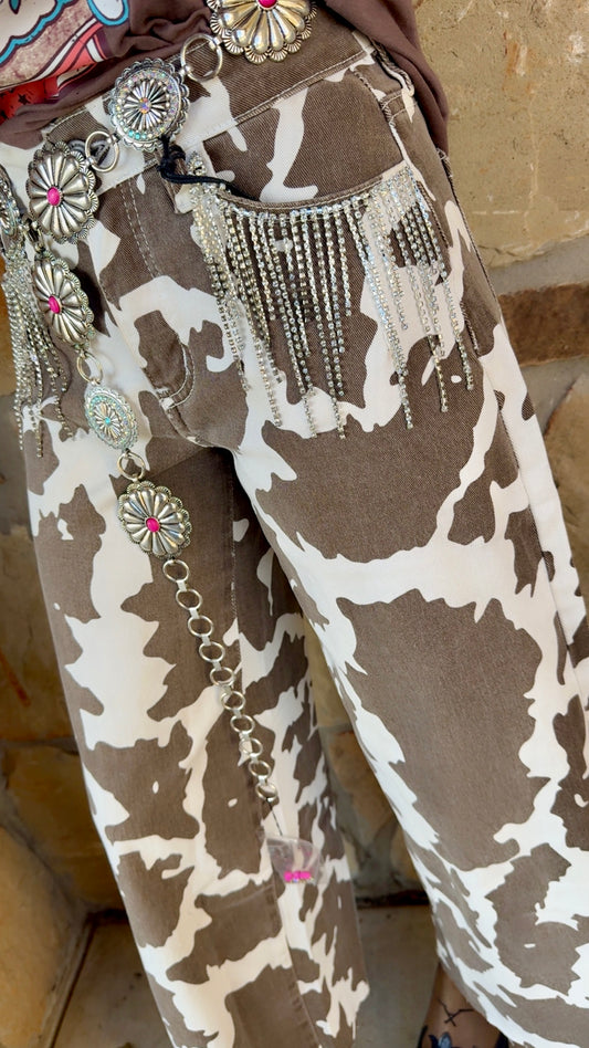 L&B Brown Cow Print Rhinestone Wide Leg Jean