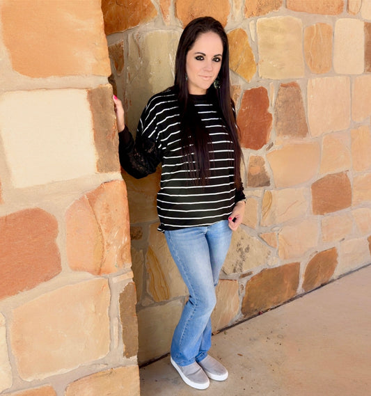 Black Stripe Lace Sleeve Top