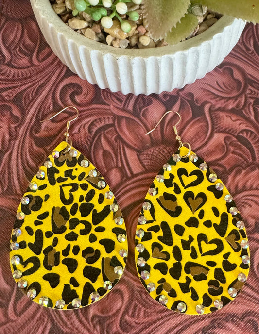 Yellow Rhinestone Leopard Earrings