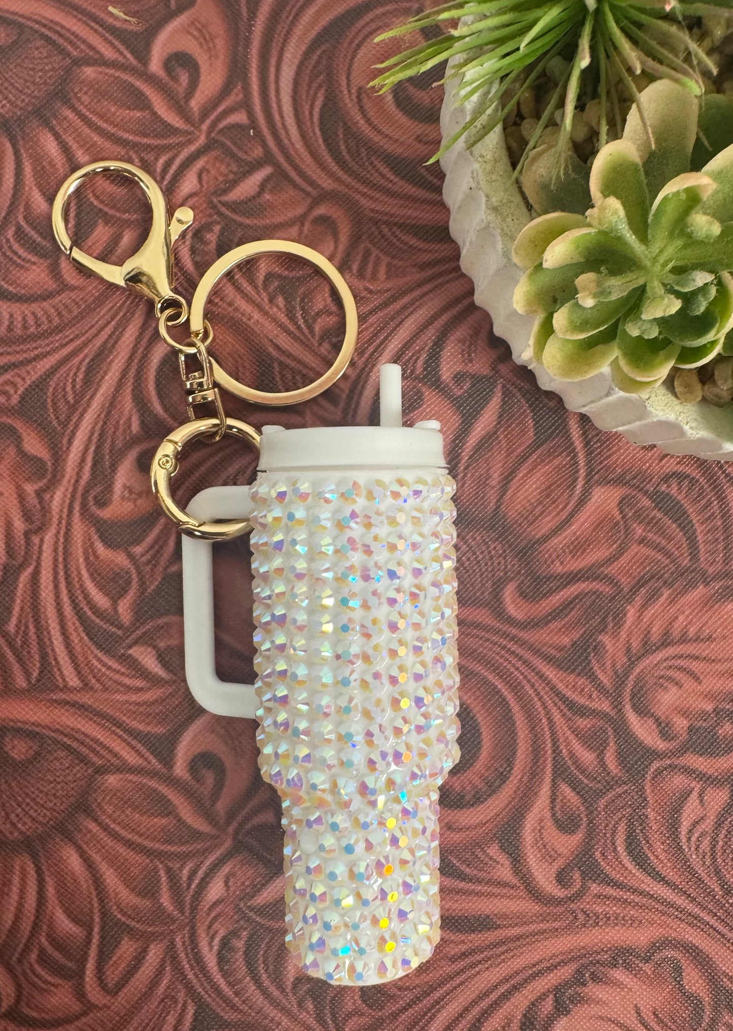 White Rhinestone Tumbler Keychain