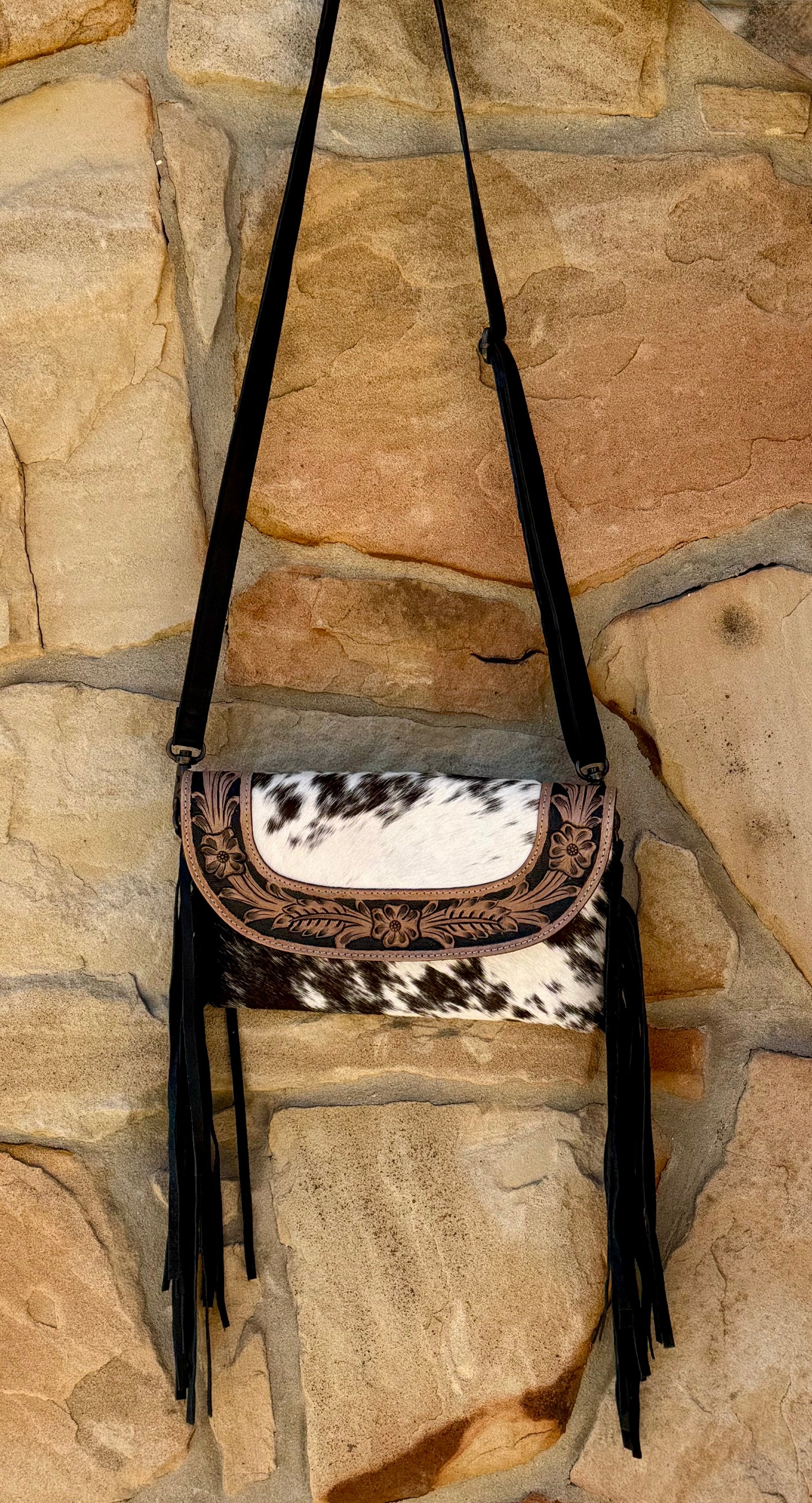 Black Leather Cowhide Fringe Crossbody