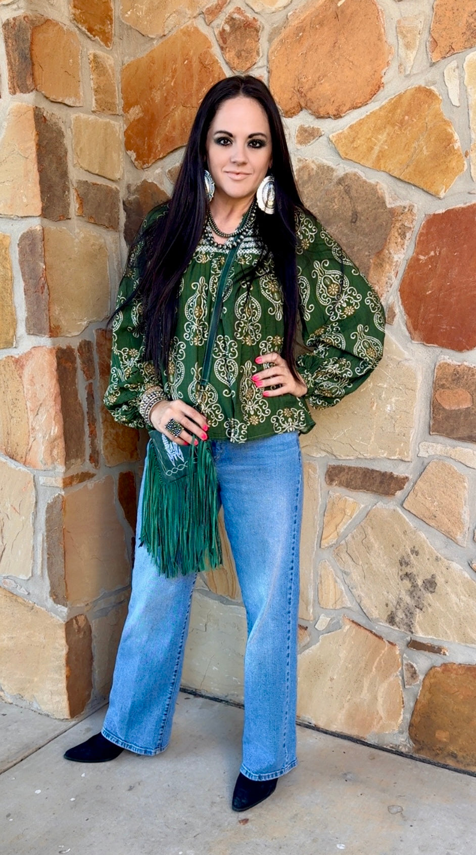 Olive Printed Sleeve Top