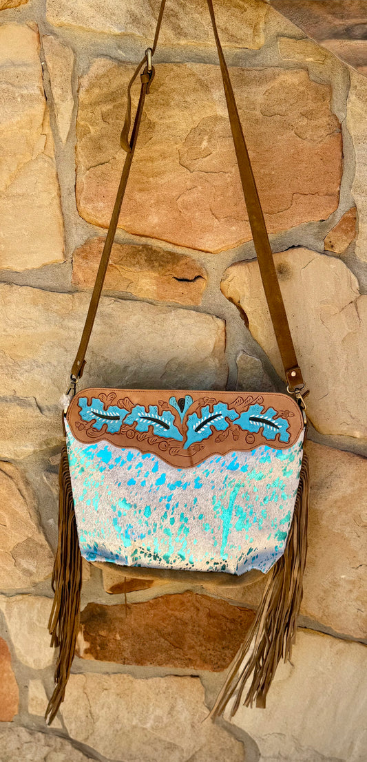 Turquoise Acid Cowhide Leather Fringe Purse