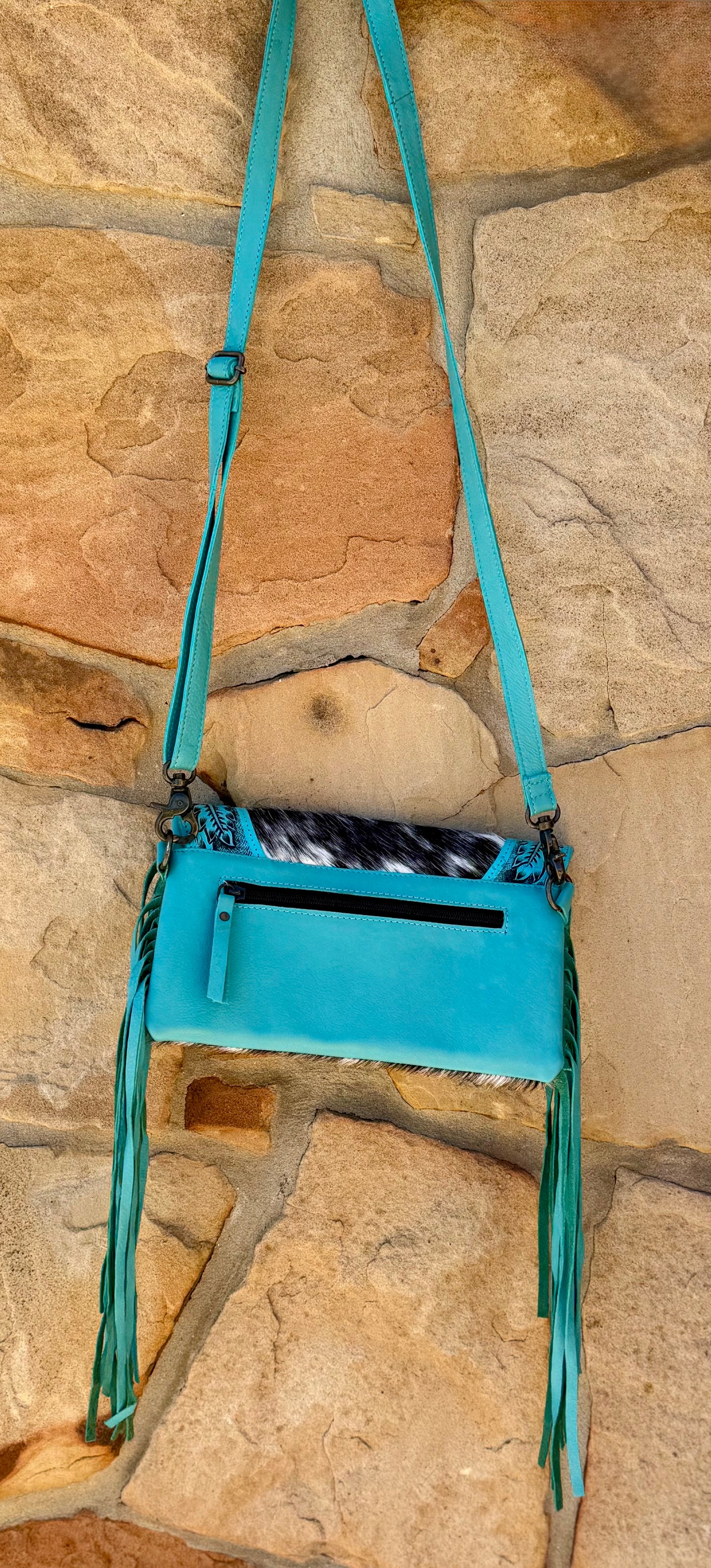 Turquoise Leather Cowhide Fringe Crossbody