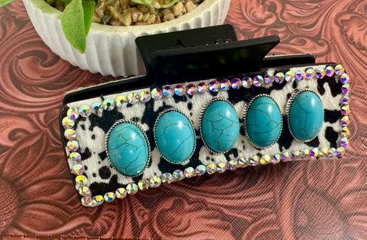 Turquoise Cowhide Rhinestone Hair Clip