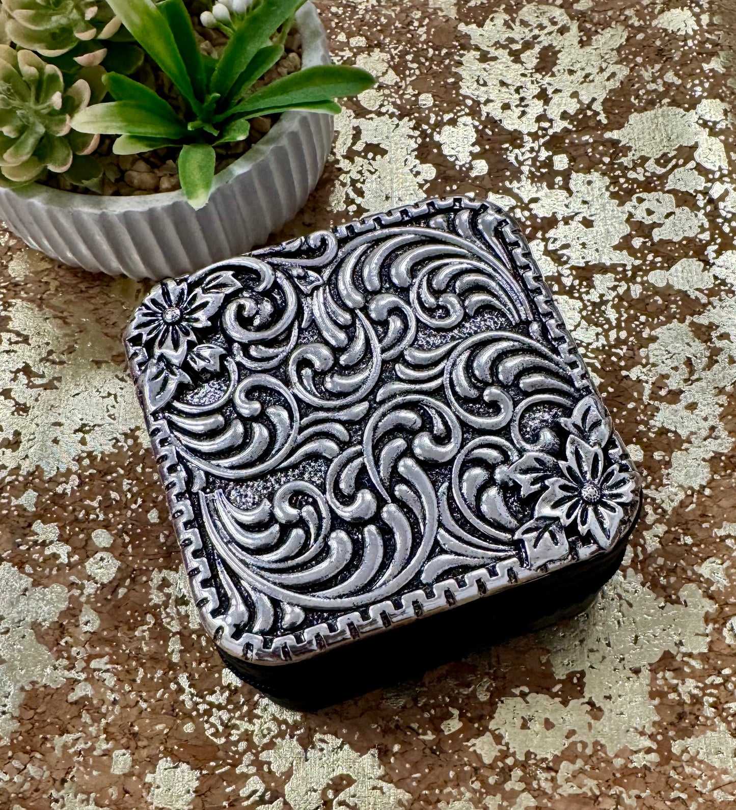 Black Silver Metal Tooled Jewelry Box