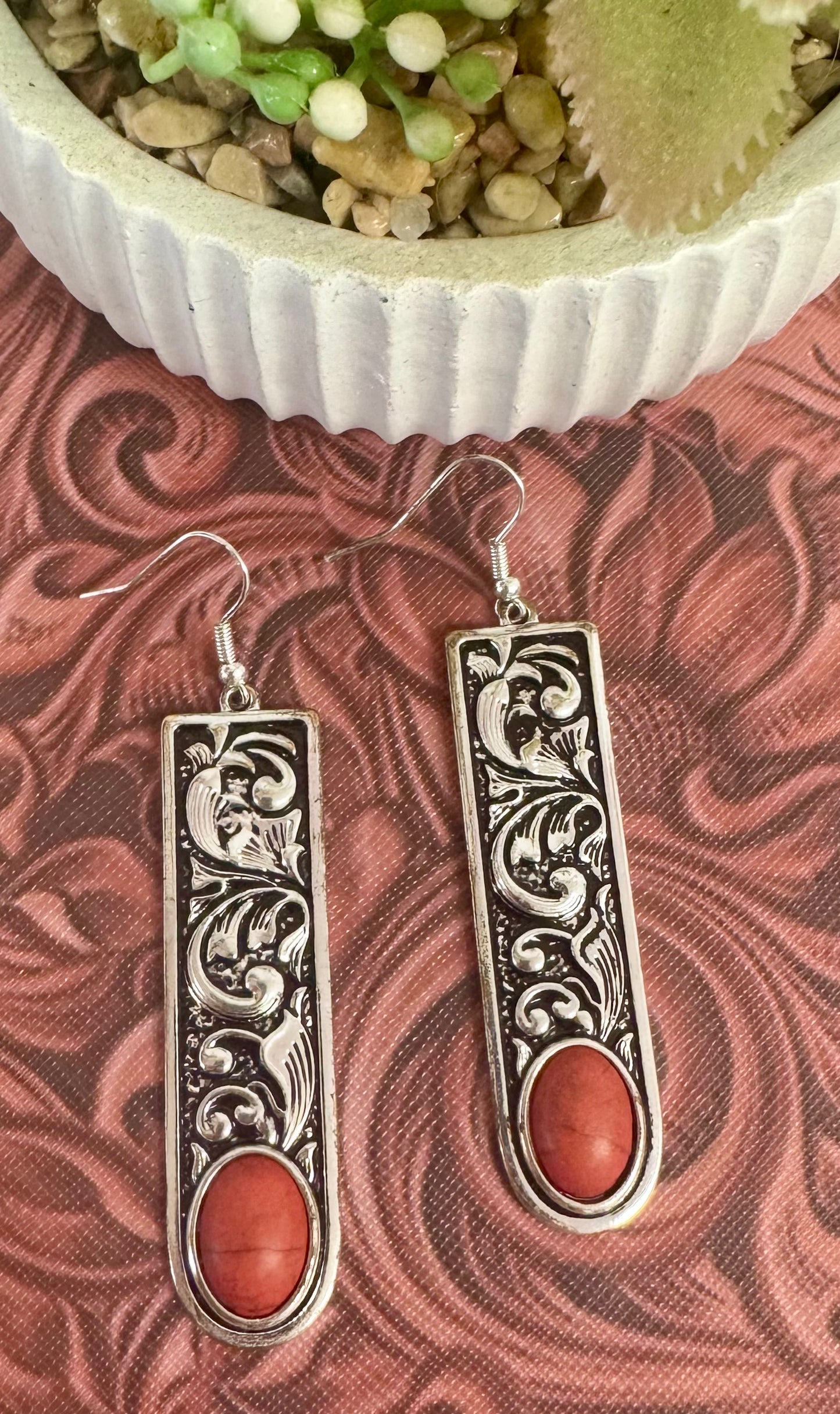 Red Silver Dangle Earrings