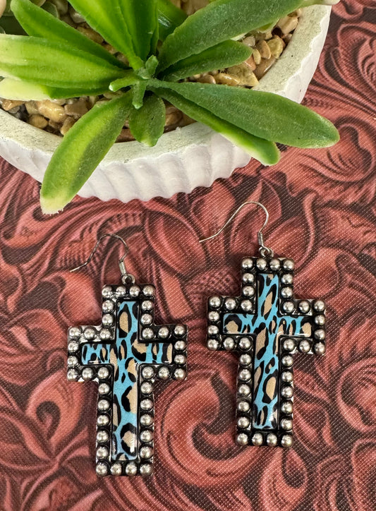 Blue Leopard Cross Earrings