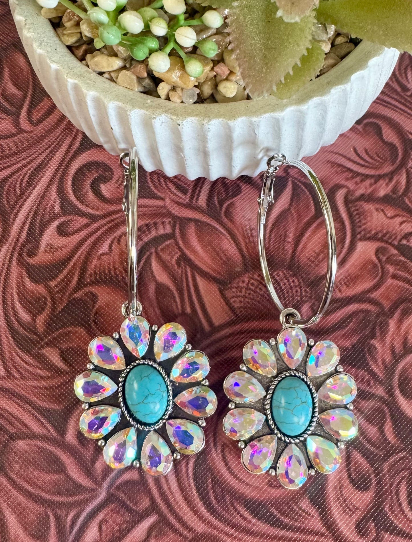 Turquoise Rhinestone Hoop Earrings