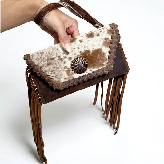 Brown Leather & Cowhide Fringe Wristlet