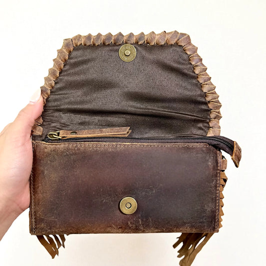 Brown Leather & Cowhide Fringe Wristlet