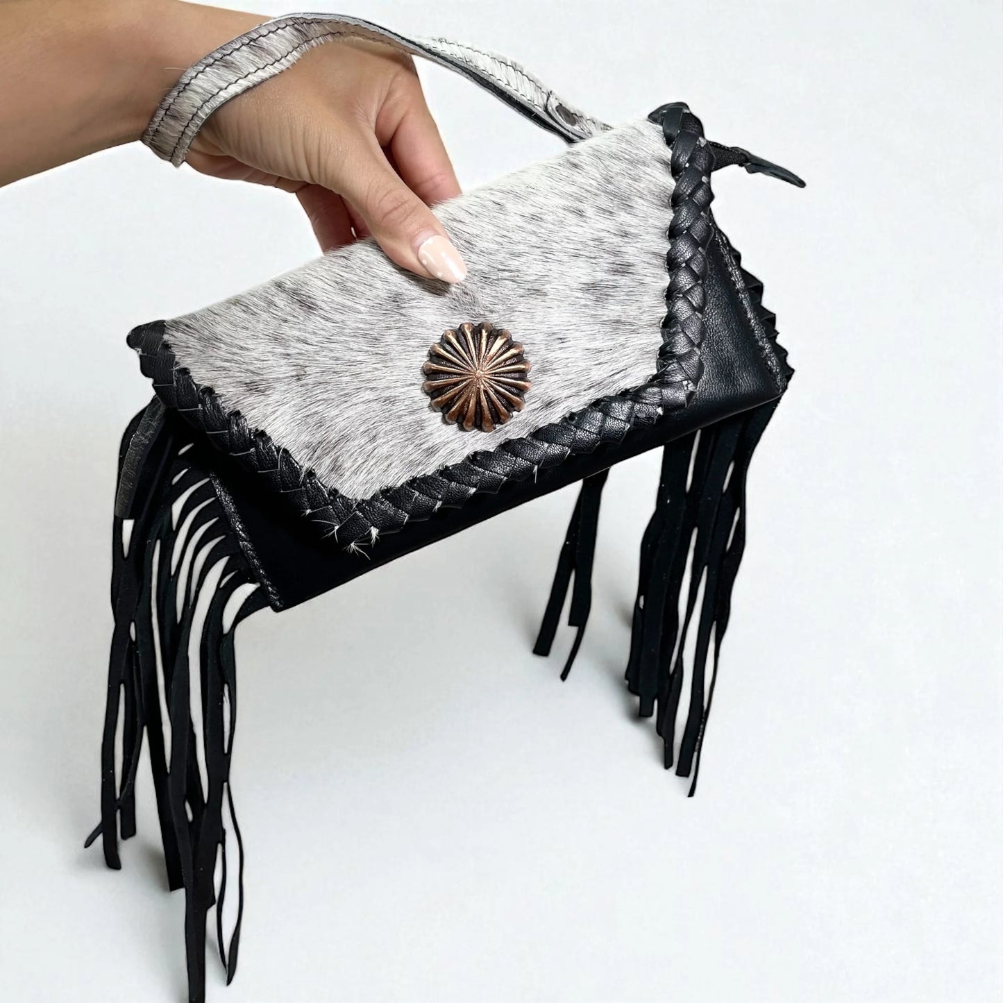 Black Leather & Cowhide Fringe Wristlet
