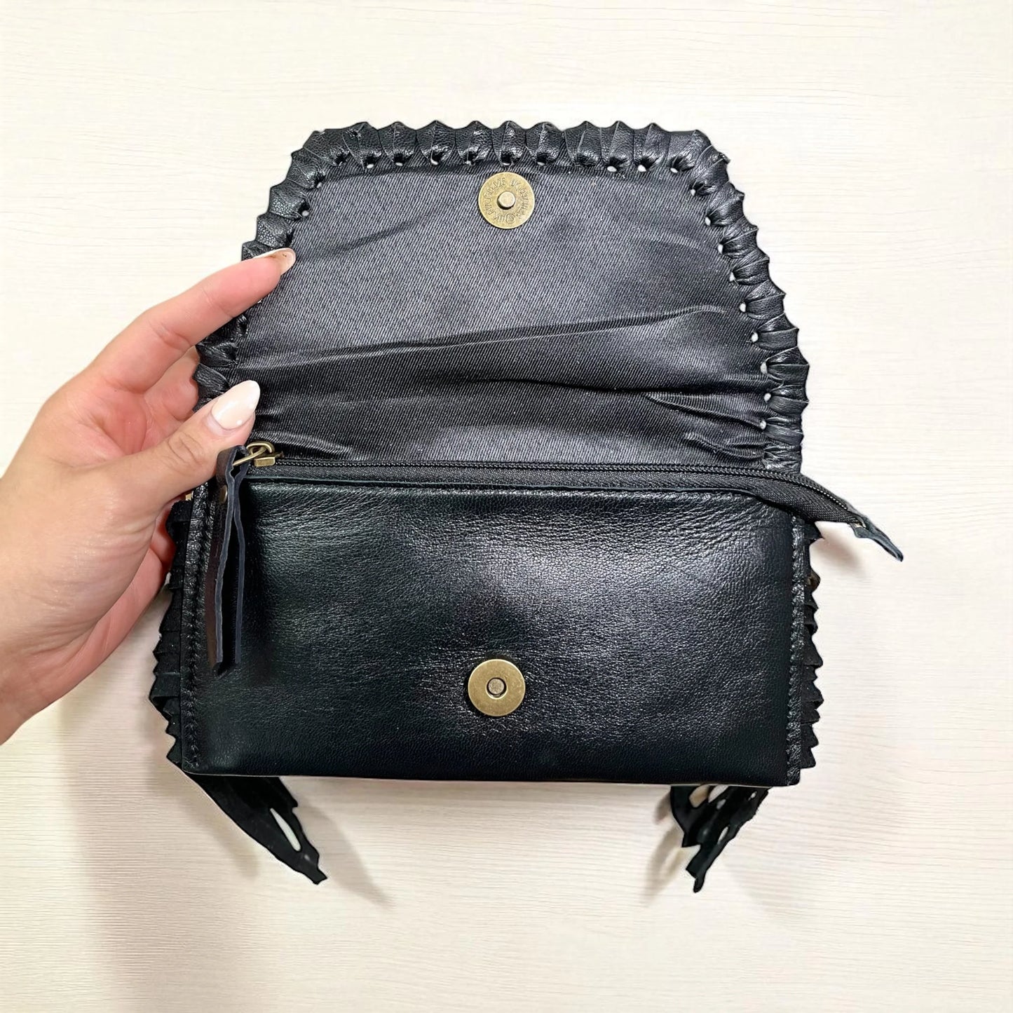 Black Leather & Cowhide Fringe Wristlet