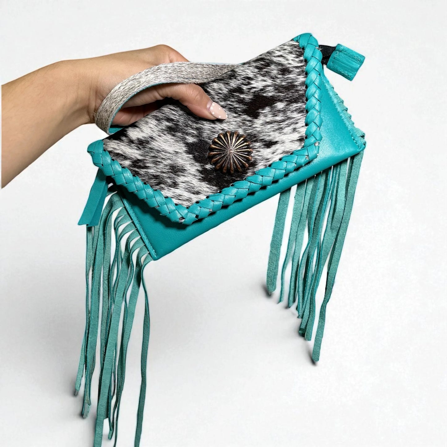 Turquoise Leather & Cowhide Fringe Wristlet