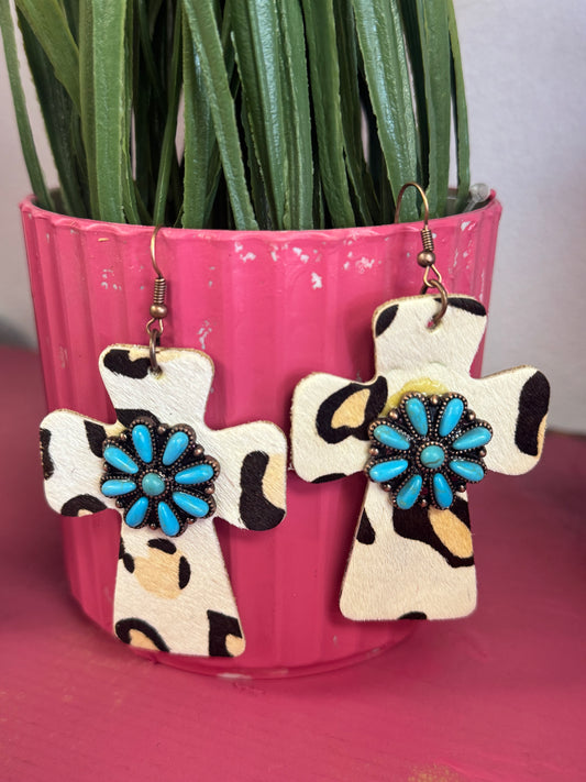 Cross Leopard Turquoise Earrings