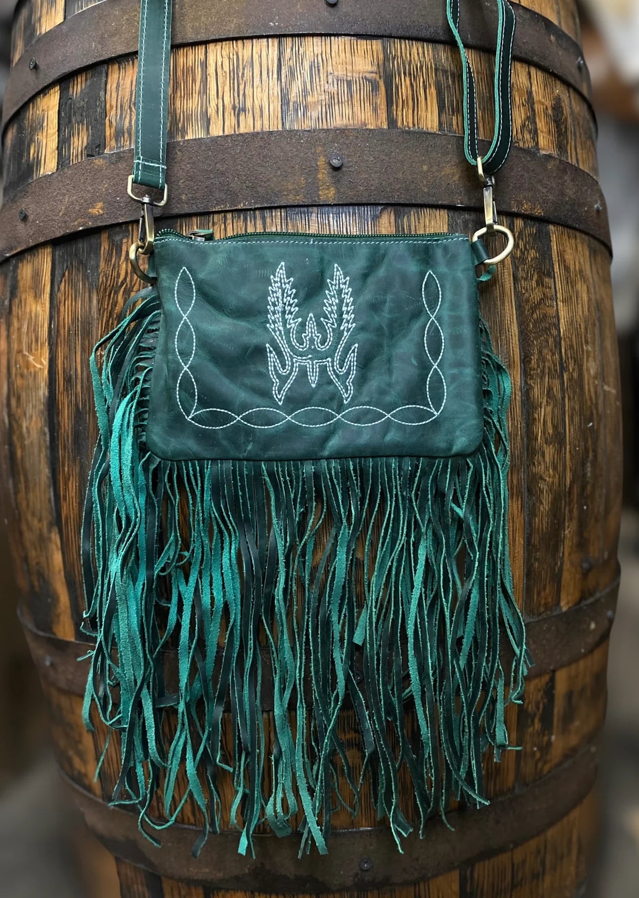 Green Leather Fringe Crossbody